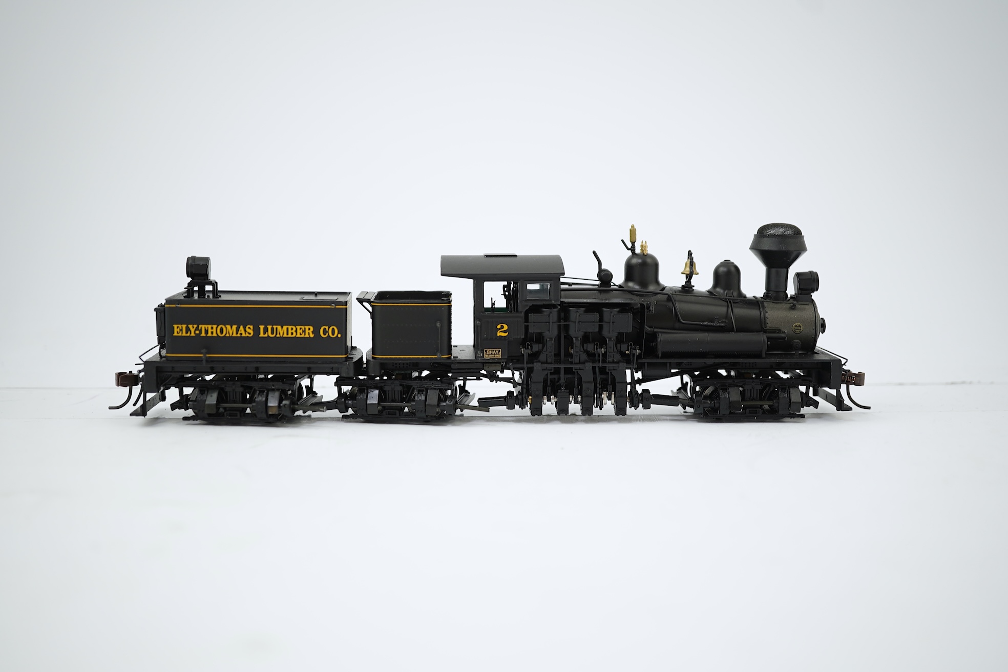A boxed HO gauge Spectrum by Bachmann (84703) model of Ely-Thomas Lumber Co., 80-ton Three-Truck Shay, 2, tender locomotive, powered for two rail operation.